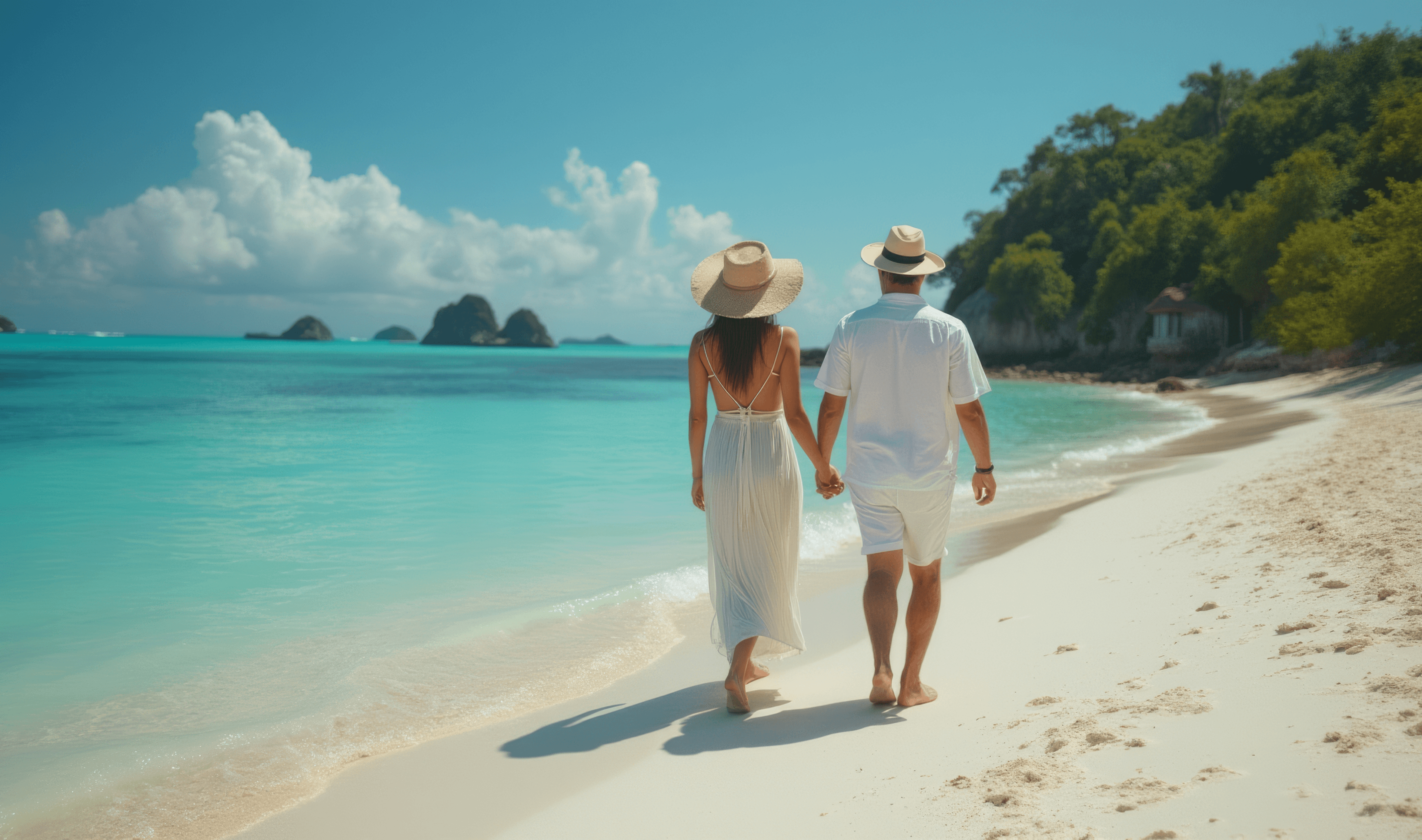 Couple in white walking along a turquoise beach
