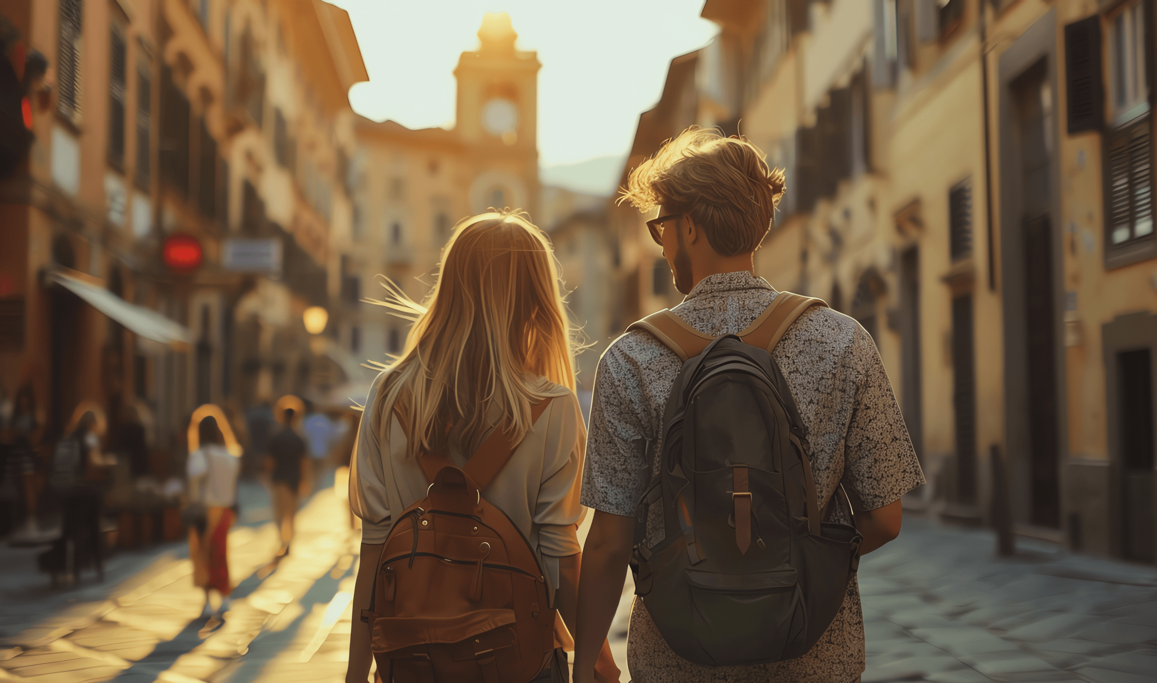 Couple with backpacks walking through a sunlit old town street