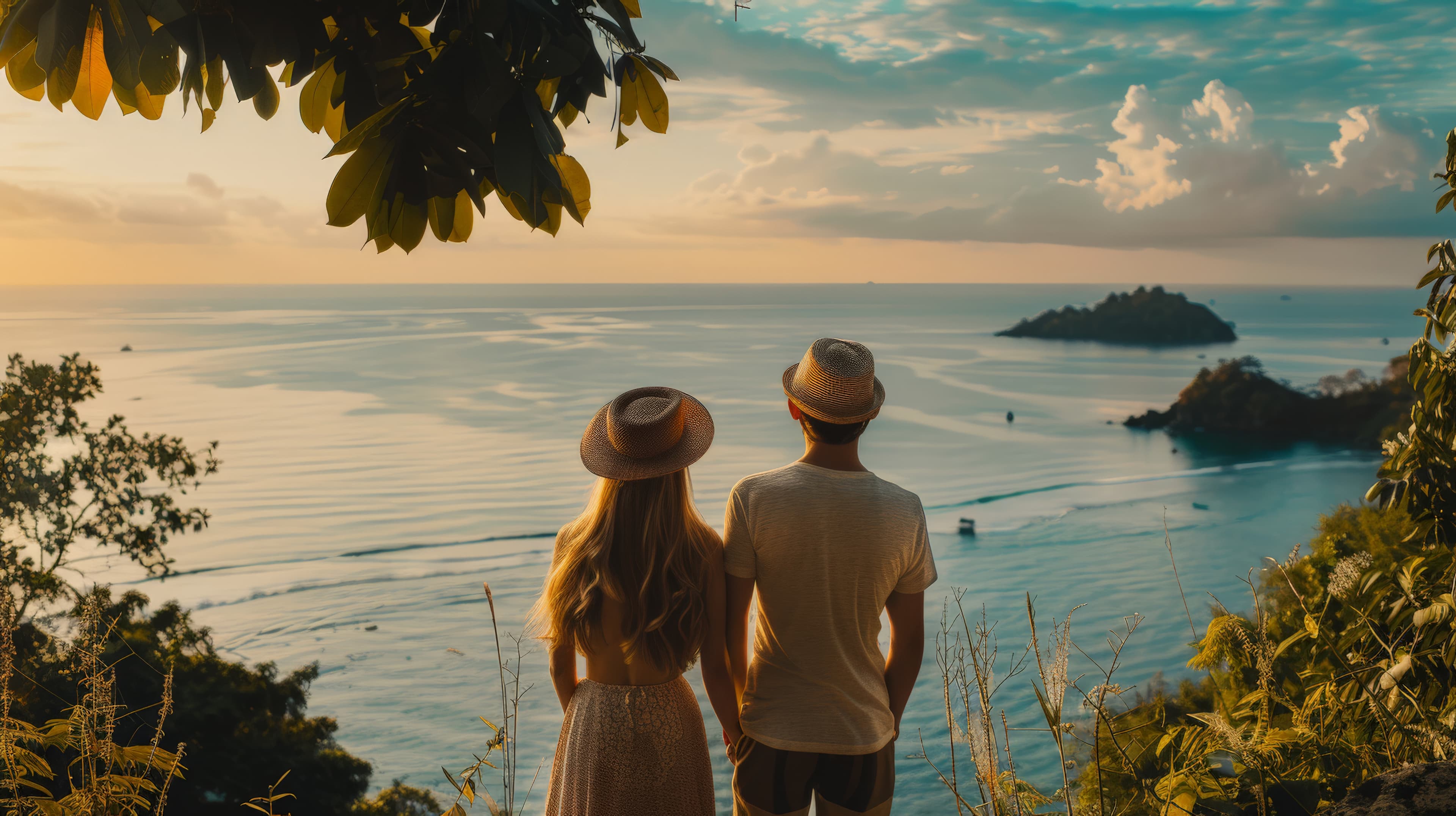 Couple in straw hats looking out over a sunlit bay