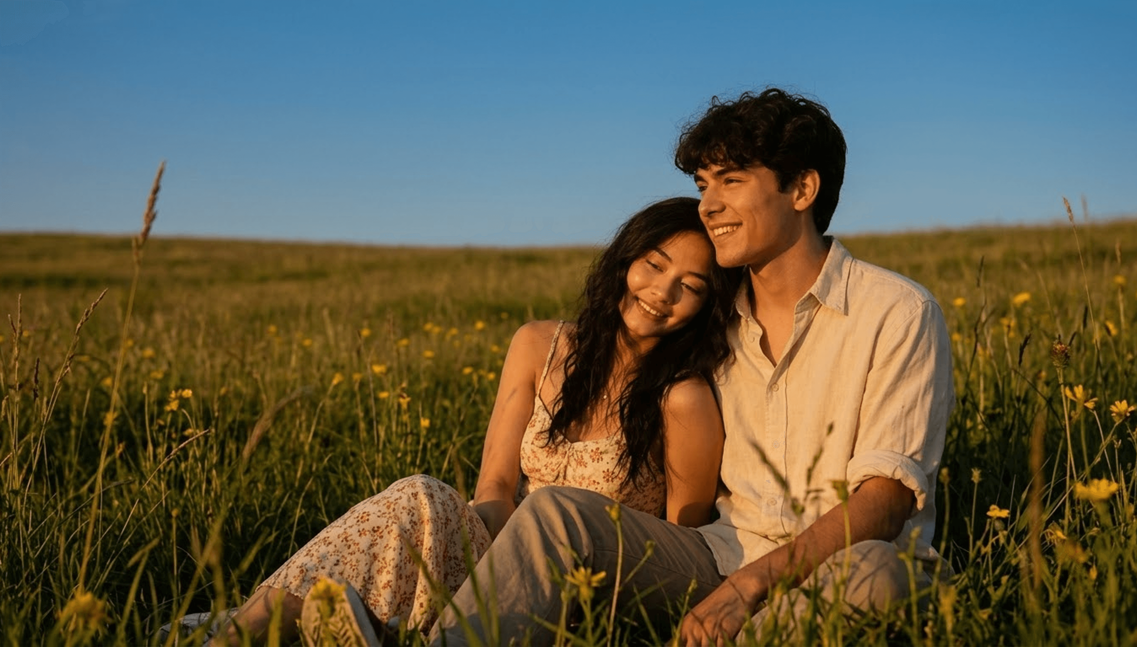 Couple sitting in a sunlit meadow at golden hour