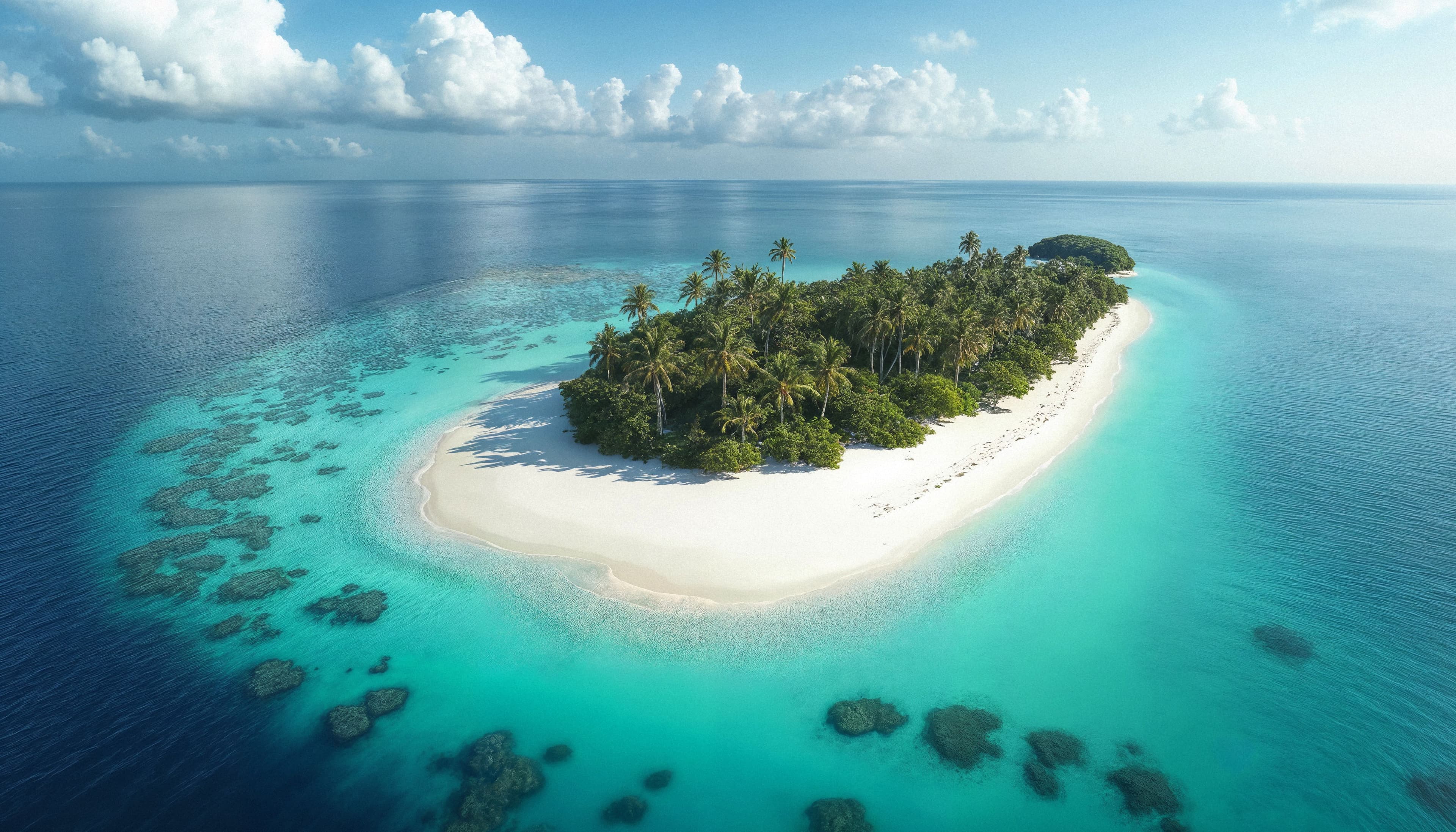 A lighthouse surrounded by palm trees on a headland above clear blue water