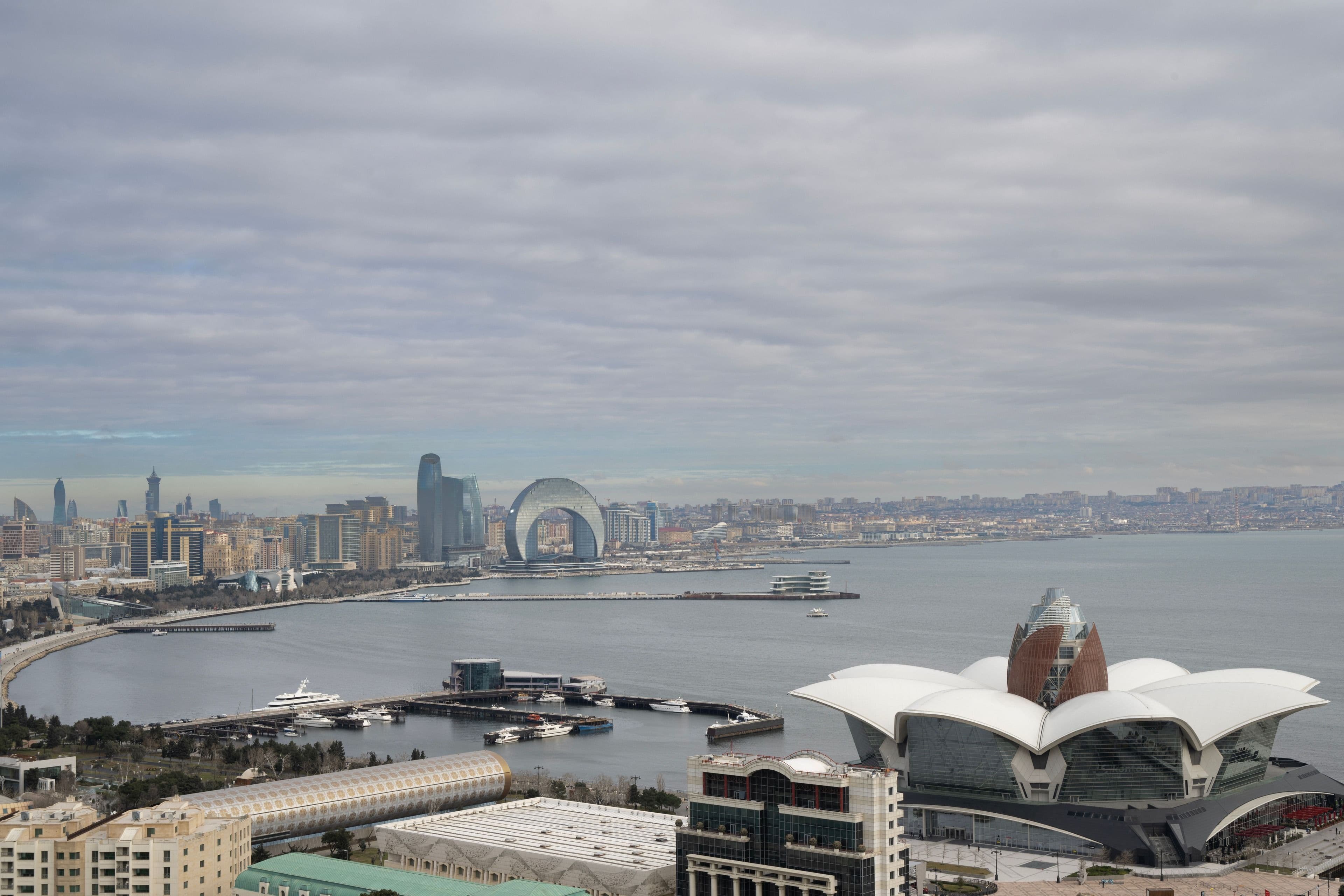Baku and the Caspian bay from above