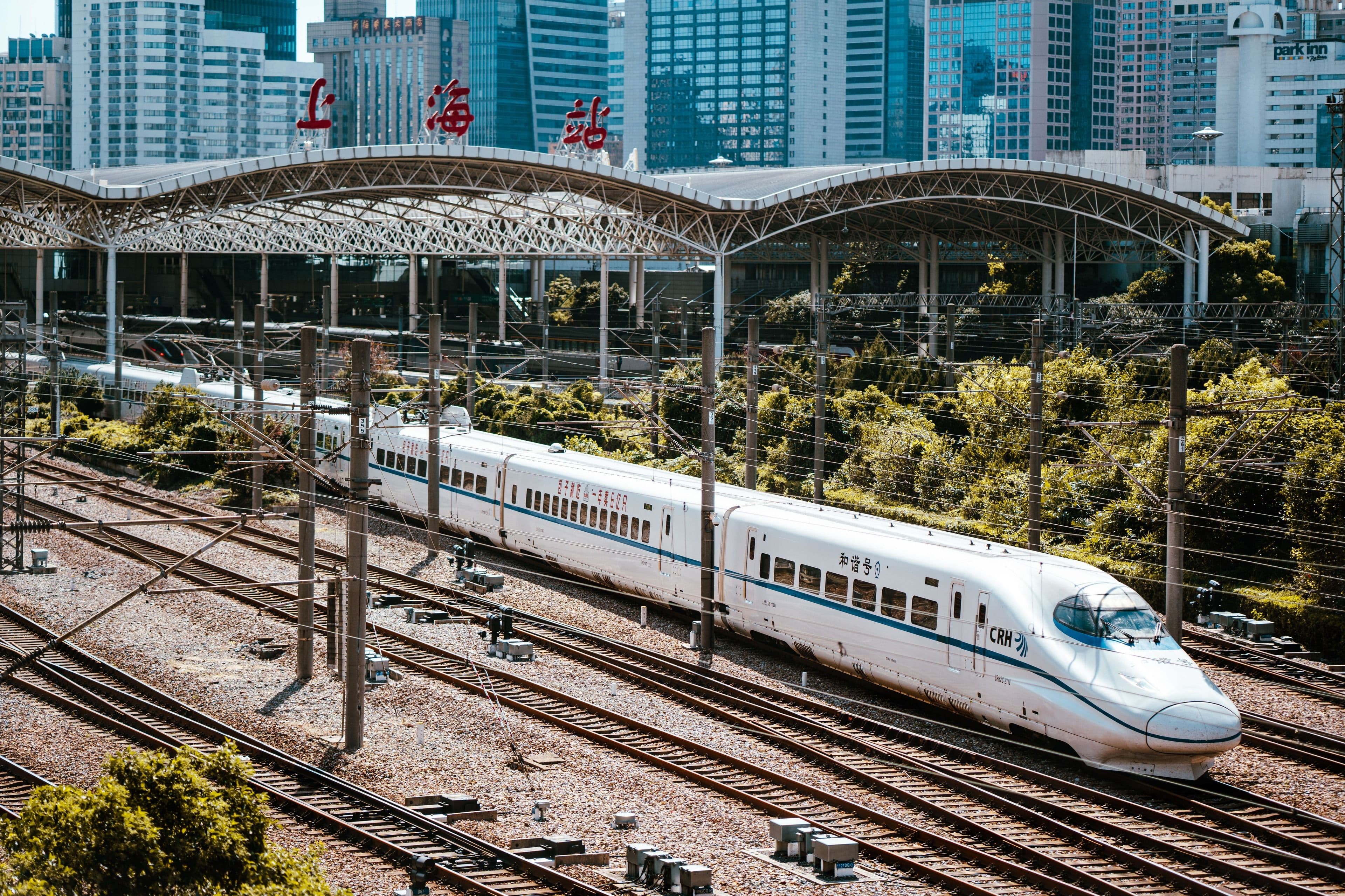 A high-speed bullet train at Shanghai railway station