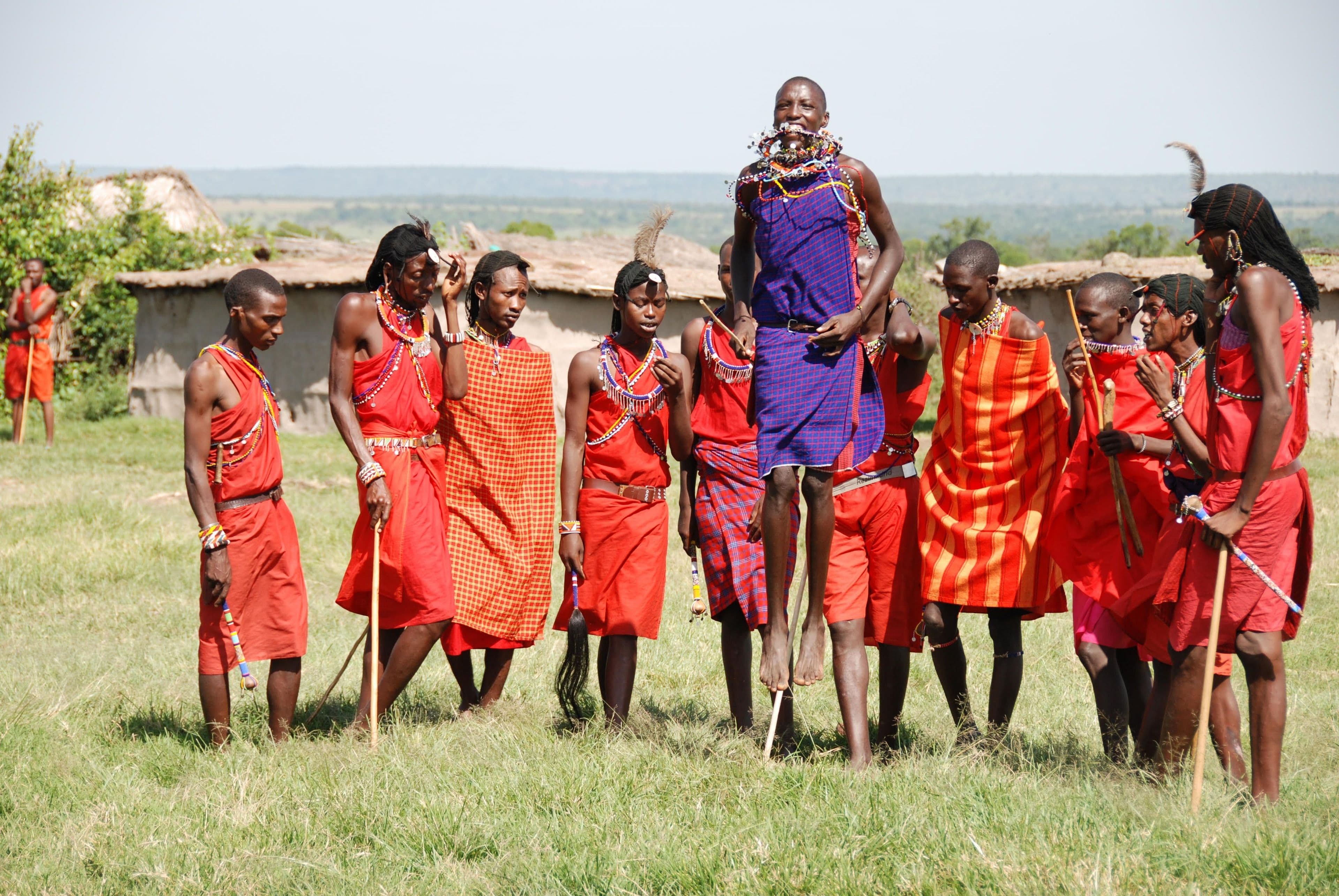 Maasai warriors and the jumping dance at a village