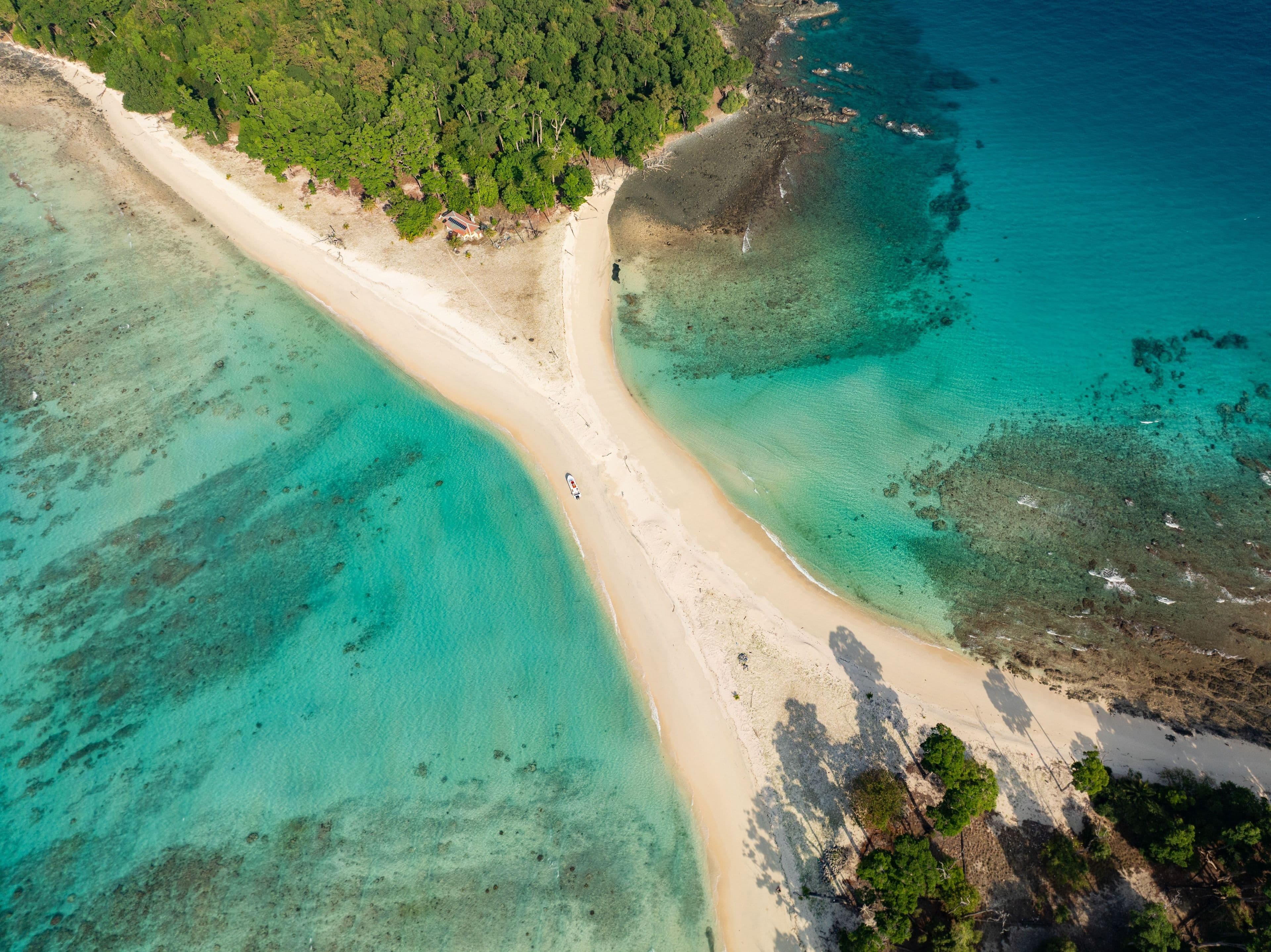 Aerial view of a turquoise Andaman sandbar and beach