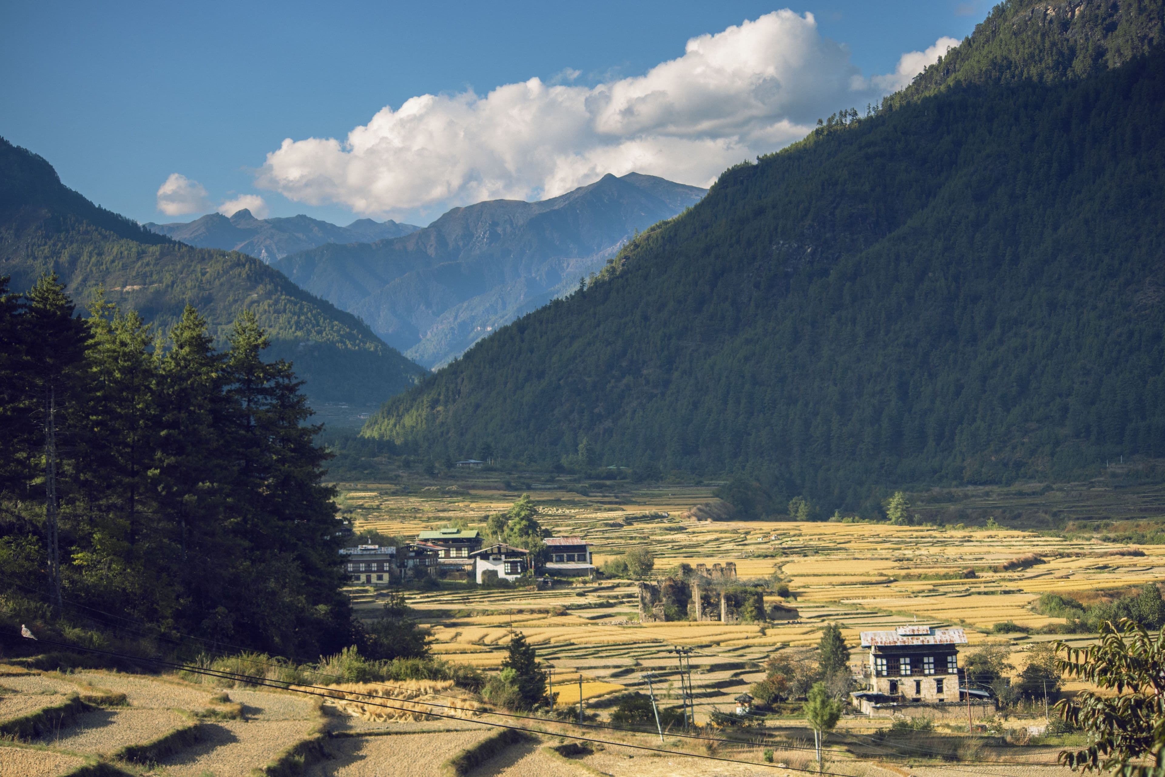 A Himalayan valley and village on the road to Thimphu