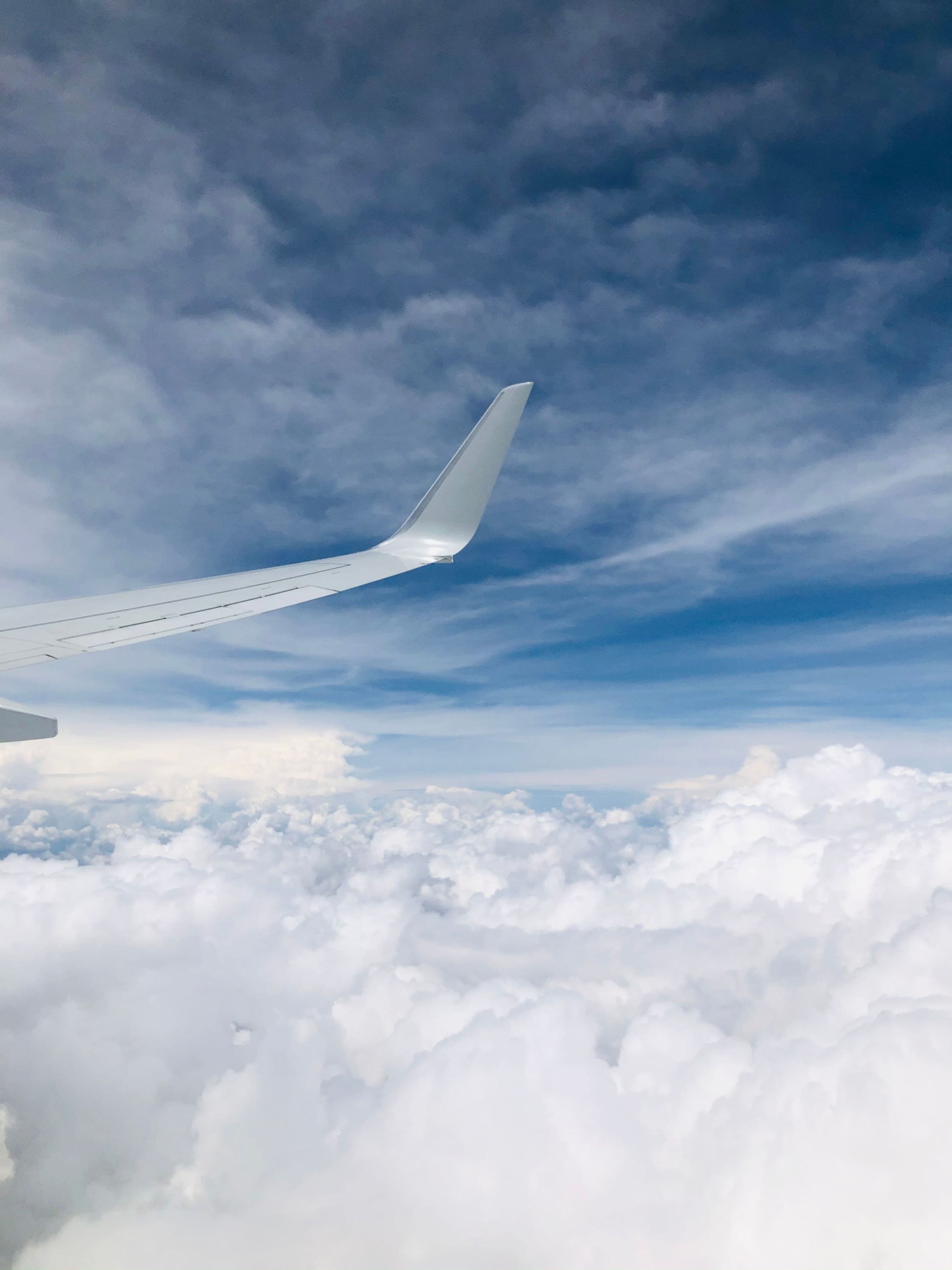 An airplane wing above the clouds on the flight home