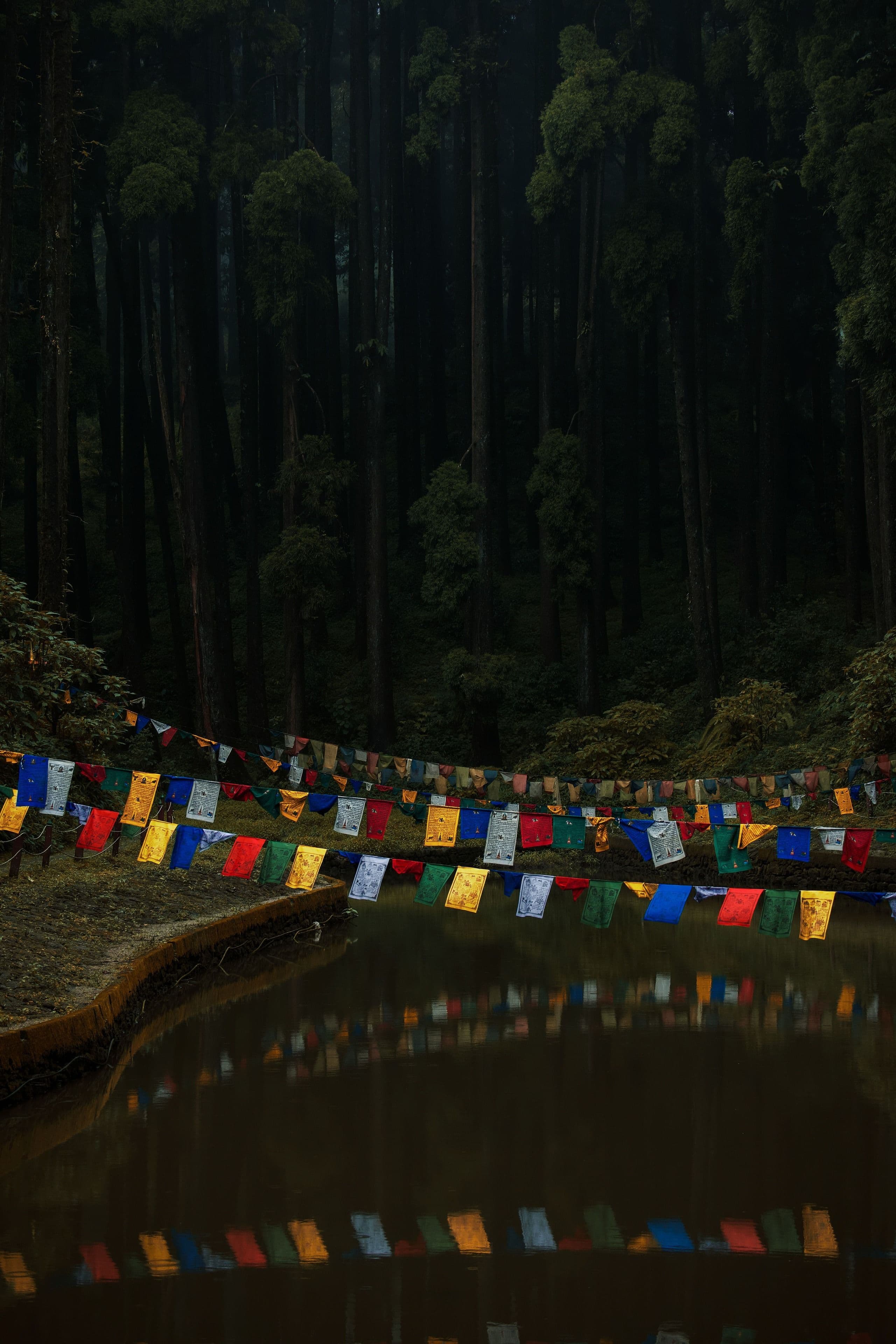 Buddhist prayer flags by a Himalayan lake
