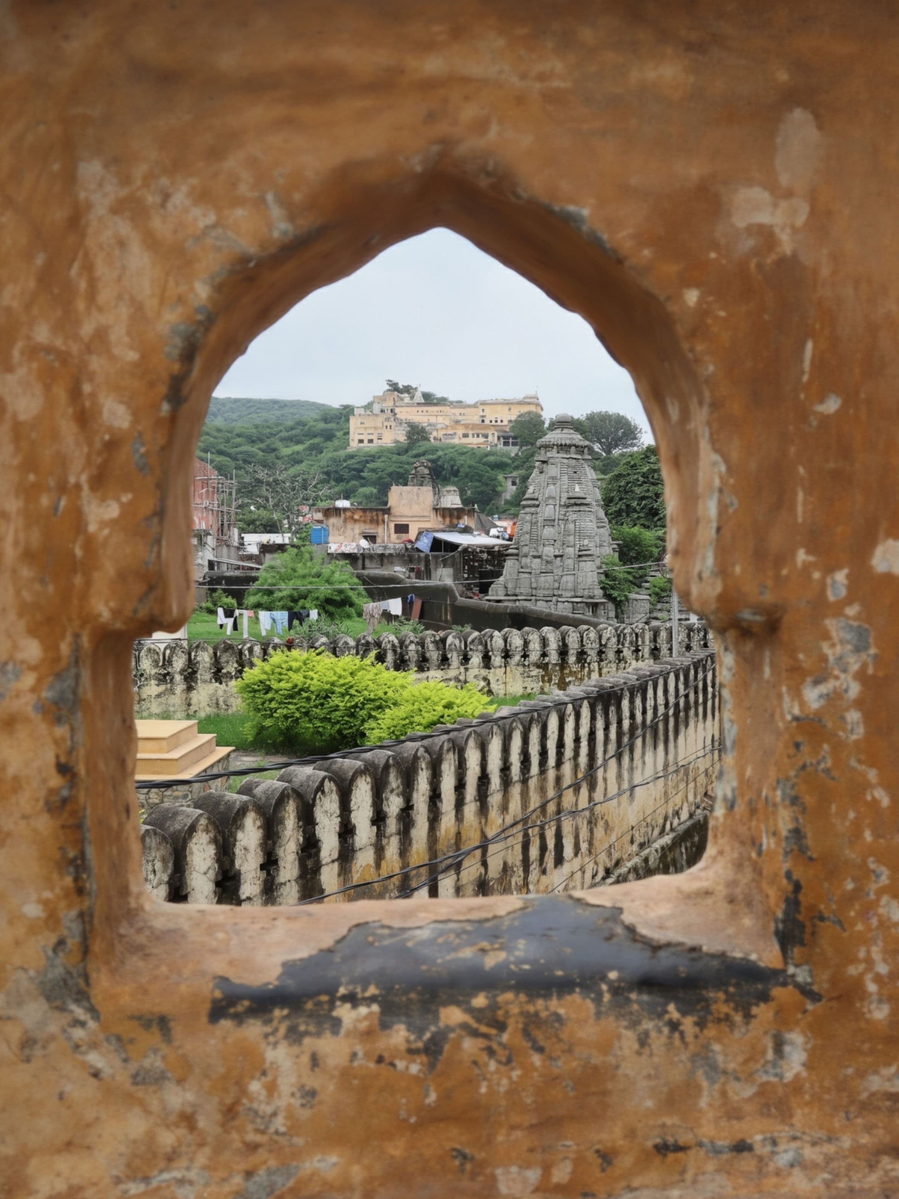 Jaipur palace architecture through an arched window