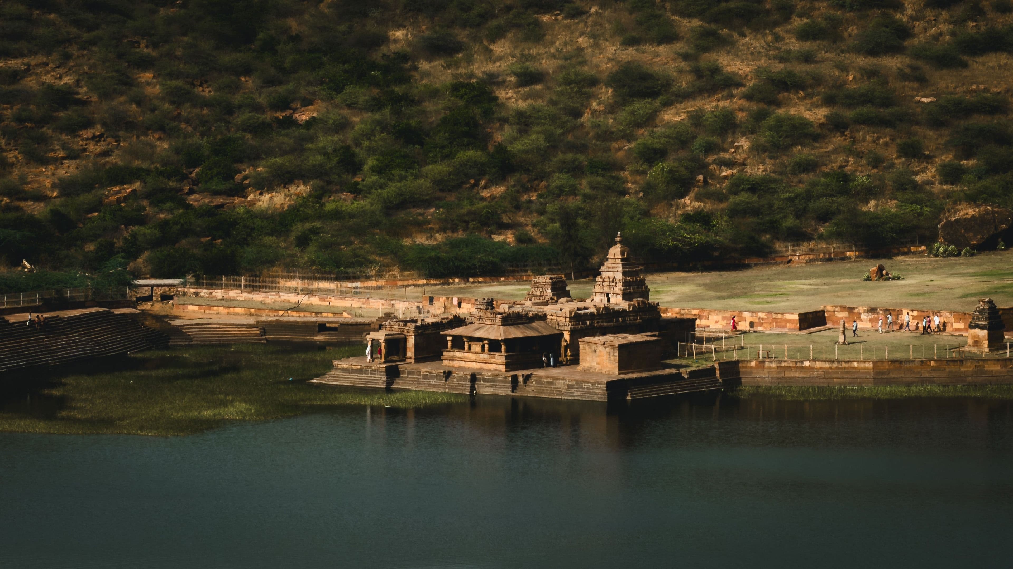 Badami cave temples by Agastya Lake, Karnataka