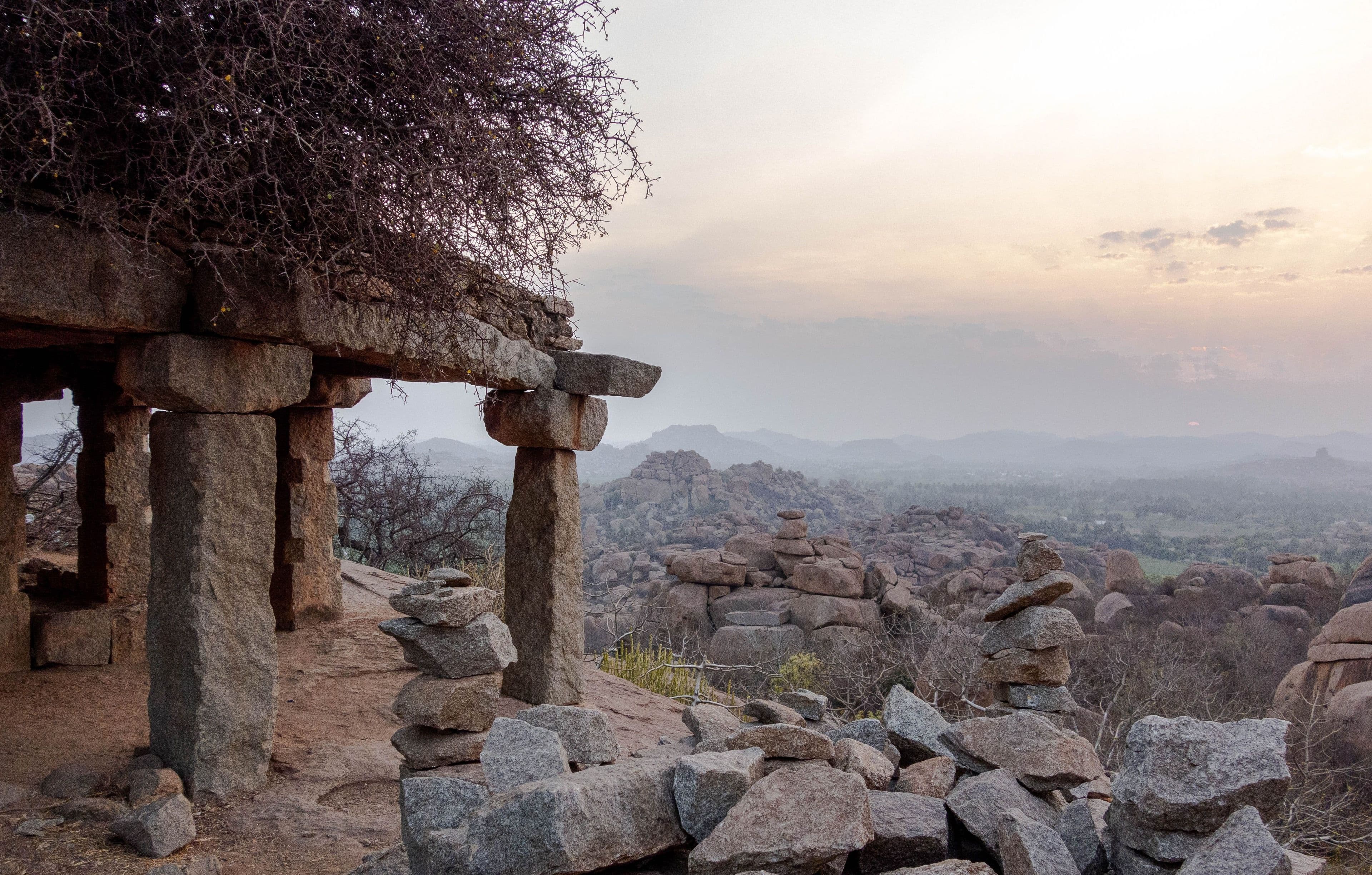 Hampi's boulder-strewn ruins at dusk