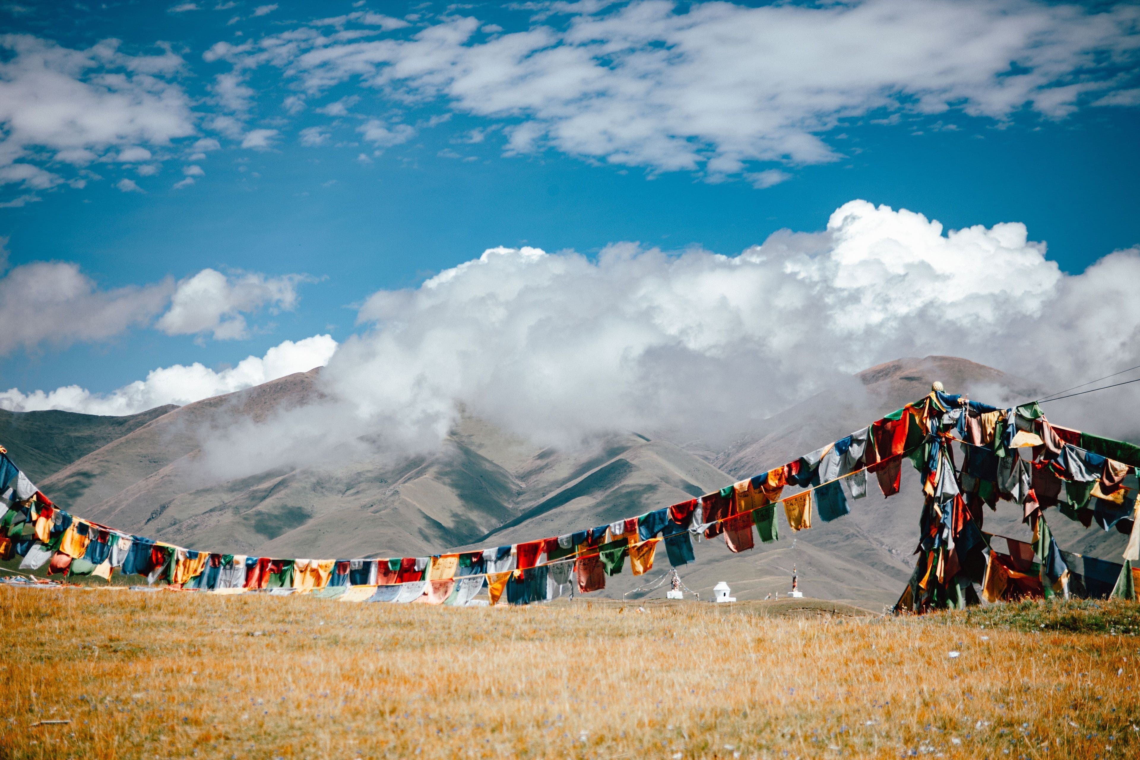 Prayer flags at a high Tibetan pass