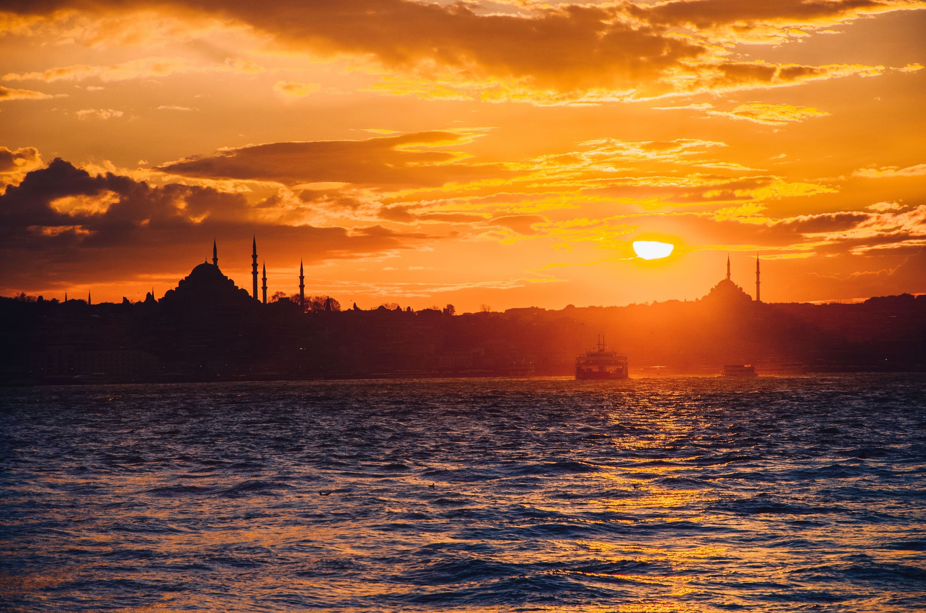 Sunset over the Bosphorus and Istanbul's mosques
