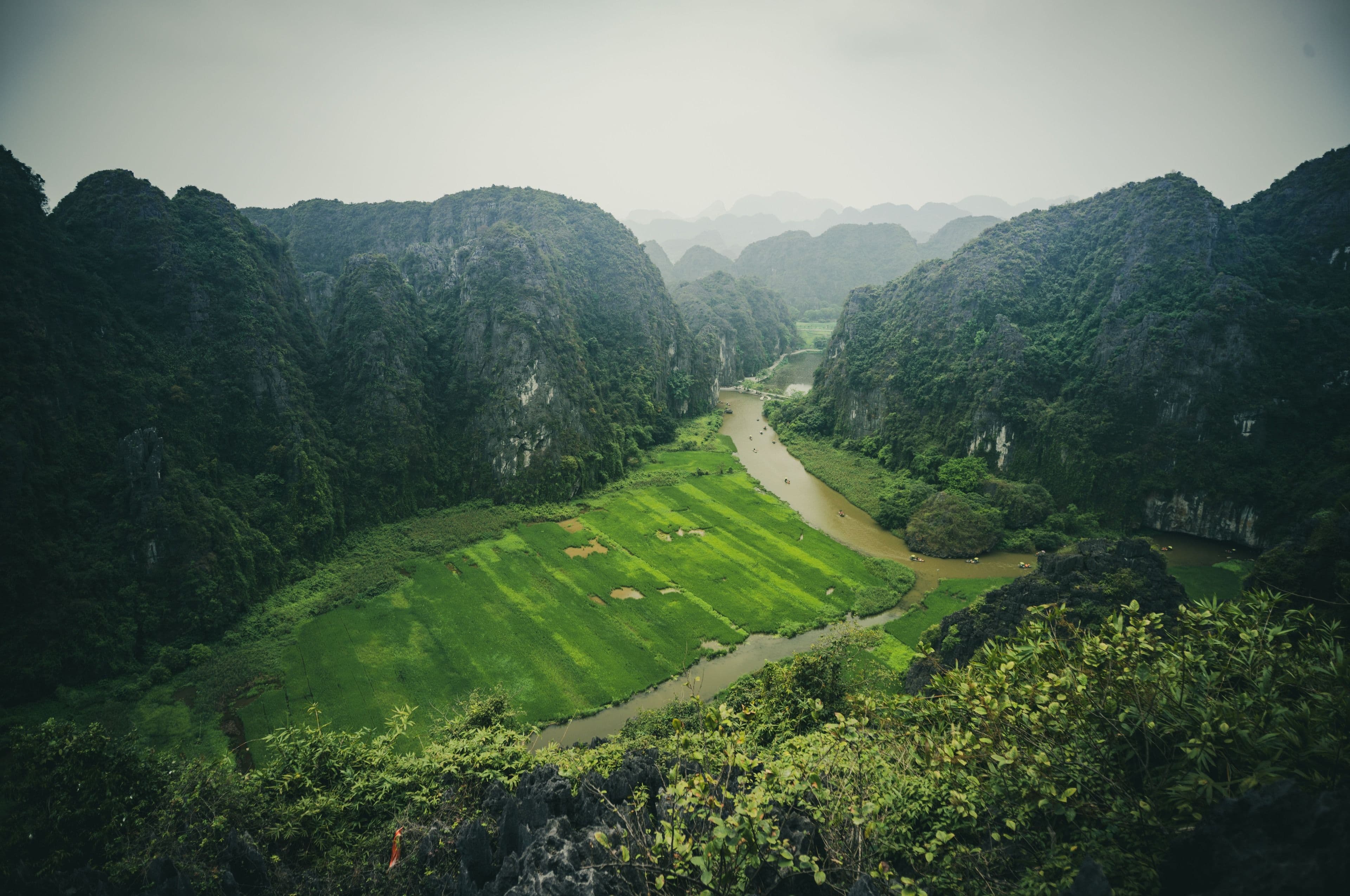 Aerial view of Tam Coc karsts and rice fields, Ninh Binh